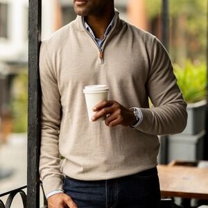 Collars & Co Mens Australian Merino Wool Quarter Zip Sweater Tan Oatmeal Medium